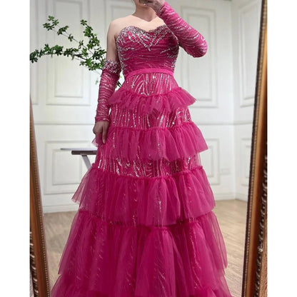 Serene Hill Fuchsia A Line Elegant Sweetheart Off Shoulder Tiered Beaded Evening Dresses Prom Gowns For Women Party 2025 LA72035 - SERENE HILL