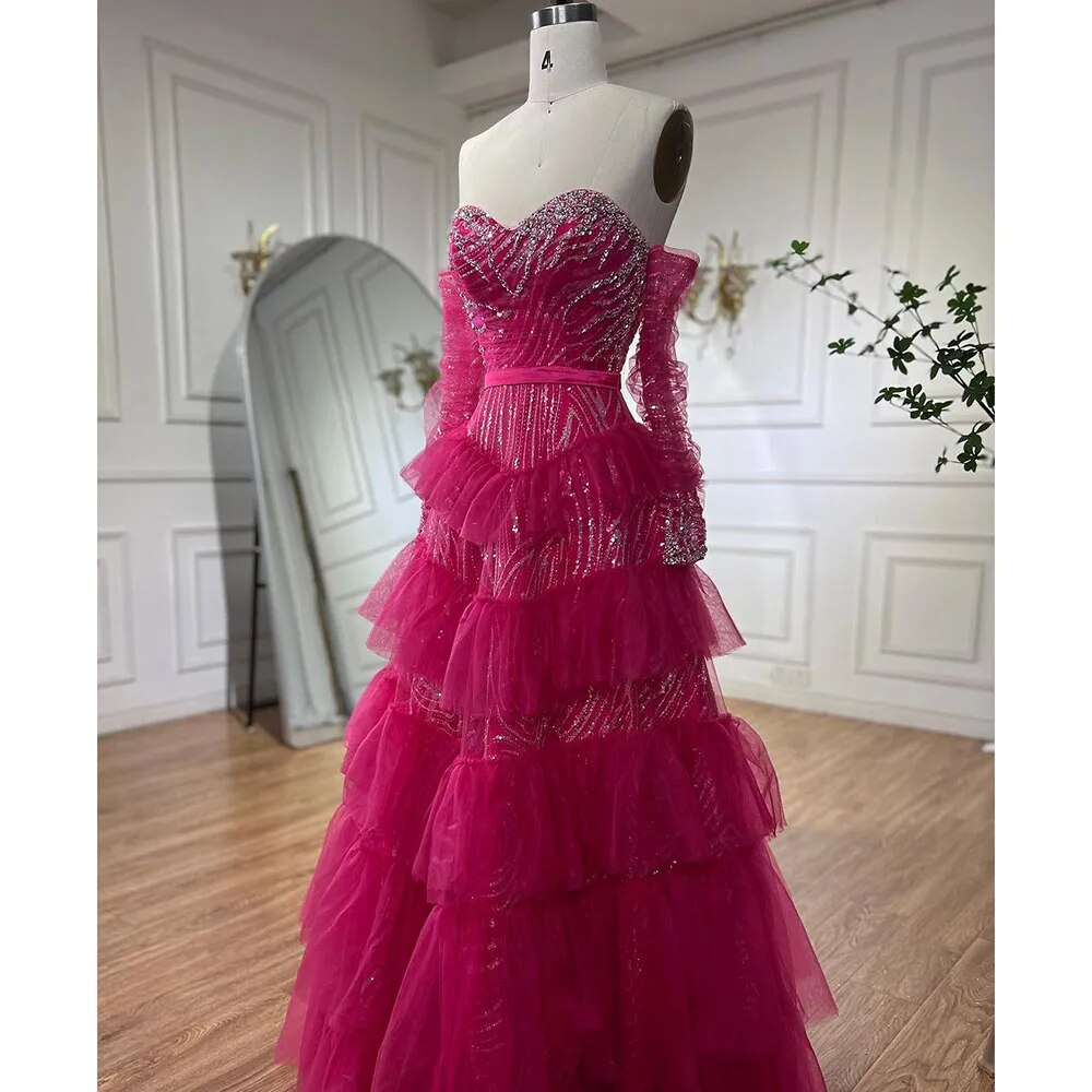 Serene Hill Fuchsia A Line Elegant Sweetheart Off Shoulder Tiered Beaded Evening Dresses Prom Gowns For Women Party 2025 LA72035 - SERENE HILL