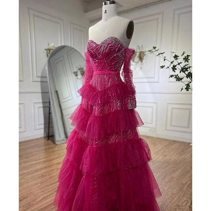 Serene Hill Fuchsia A Line Elegant Sweetheart Off Shoulder Tiered Beaded Evening Dresses Prom Gowns For Women Party 2025 LA72035 - SERENE HILL