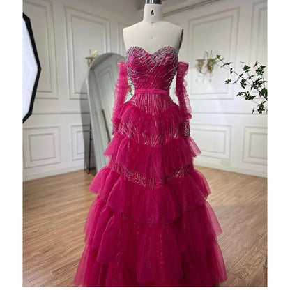 Serene Hill Fuchsia A Line Elegant Sweetheart Off Shoulder Tiered Beaded Evening Dresses Prom Gowns For Women Party 2025 LA72035 - SERENE HILL