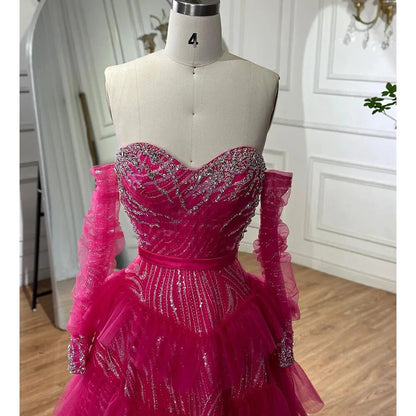 Serene Hill Fuchsia A Line Elegant Sweetheart Off Shoulder Tiered Beaded Evening Dresses Prom Gowns For Women Party 2025 LA72035 - SERENE HILL