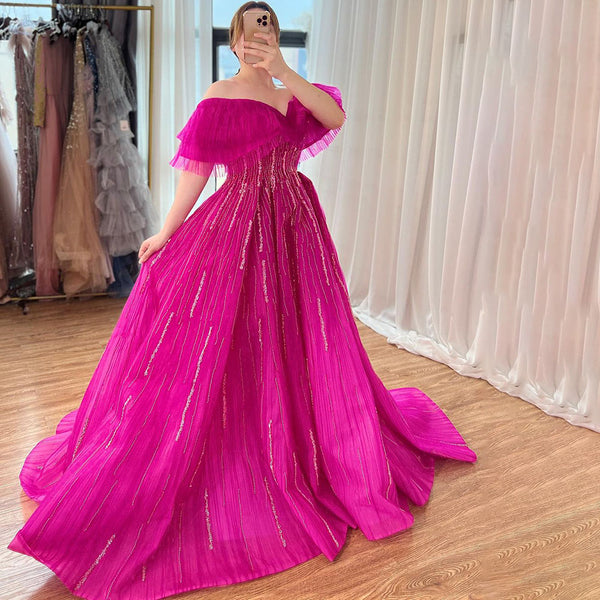 Serene Hill Fuchsia A-Line Luxury Evening Dresses Gowns 2025 Boat Neck Beaded For Women Party LA72162A