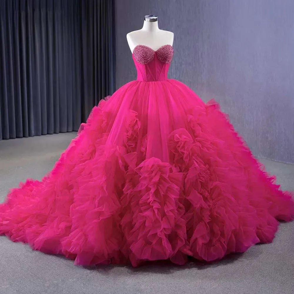 Serene Hill Fuchsia Elegant Boat Neck Lace Up Pearls Beaded Luxury Bride Gowns Wedding Dress 2025 High End Custom Made HM231108 - SERENE HILL