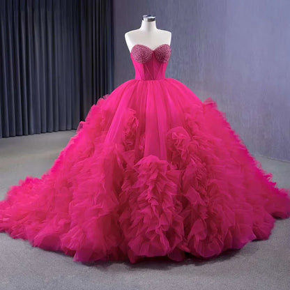 Serene Hill Fuchsia Elegant Boat Neck Lace Up Pearls Beaded Luxury Bride Gowns Wedding Dress 2025 High End Custom Made HM231108 - SERENE HILL