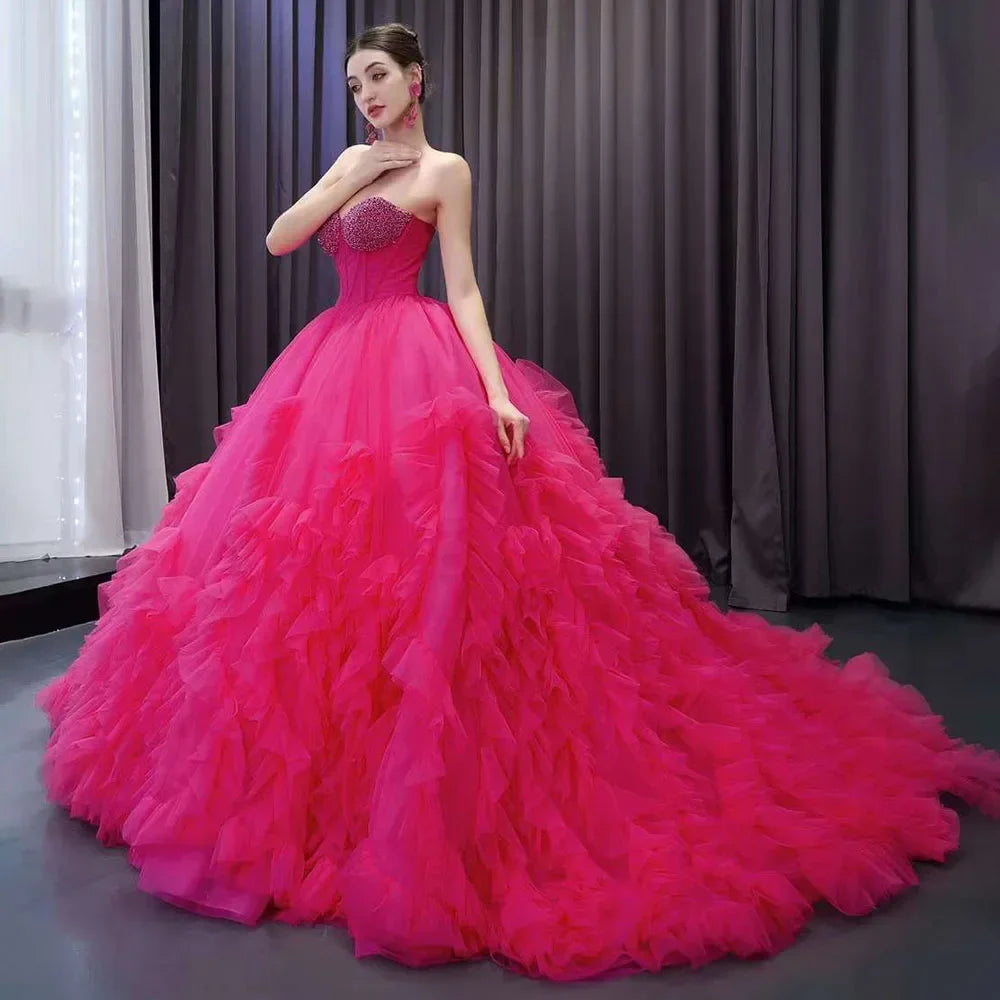 Serene Hill Fuchsia Elegant Boat Neck Lace Up Pearls Beaded Luxury Bride Gowns Wedding Dress 2025 High End Custom Made HM231108 - SERENE HILL