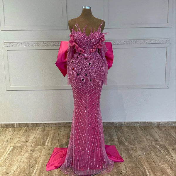 Serene Hill Fuchsia Elegant Mermaid Pearls Beaded Evening Dresses 2025 Luxury Dubai Formal Gowns for Women Party 2025 LA72263