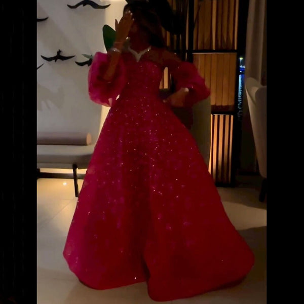Serene Hill Fuchsia Elegant A Line  Sparkly Puff Sleeves Crystal Beaded Evening Dresses Gowns For Women Party LA72127