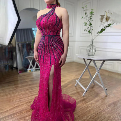 Fuchsia Halter Sleeveless Beaded Mermaid High Split Evening Dress Gown LA72092 - SERENE HILL