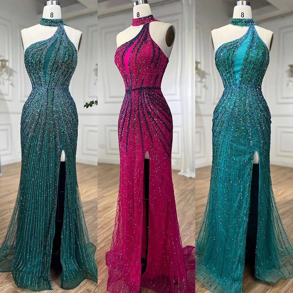 Fuchsia Halter Sleeveless Beaded Mermaid High Split Evening Dress Gown LA72092 - SERENE HILL