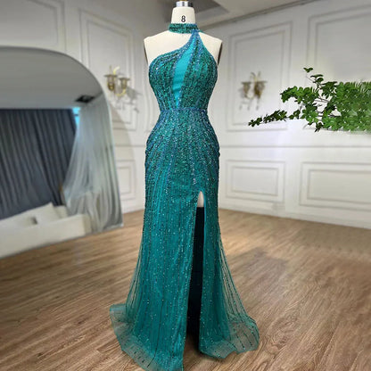 Fuchsia Halter Sleeveless Beaded Mermaid High Split Evening Dress Gown LA72092 - SERENE HILL