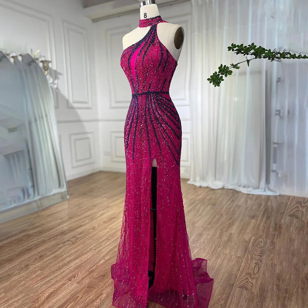 Fuchsia Halter Sleeveless Beaded Mermaid High Split Evening Dress Gown LA72092 - SERENE HILL