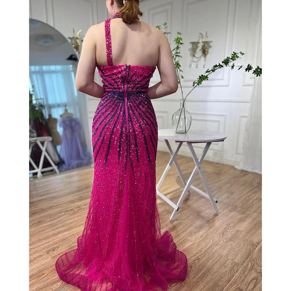 Fuchsia Halter Sleeveless Beaded Mermaid High Split Evening Dress Gown LA72092 - SERENE HILL
