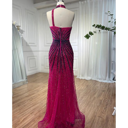 Fuchsia Halter Sleeveless Beaded Mermaid High Split Evening Dress Gown LA72092 - SERENE HILL