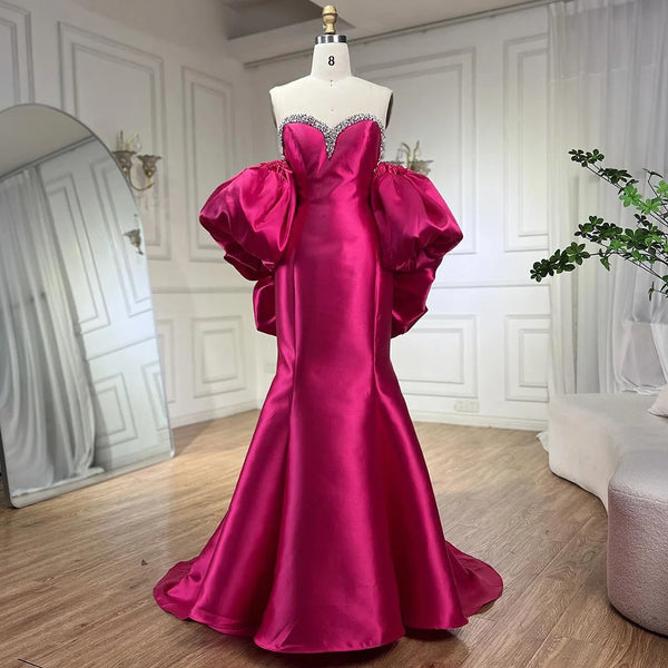 Serene Hill Fuchsia Mermaid Mikado Satin Balloon Sleeevs Evening Dresses Gowns For Women Wedding Party 2025 LA71923