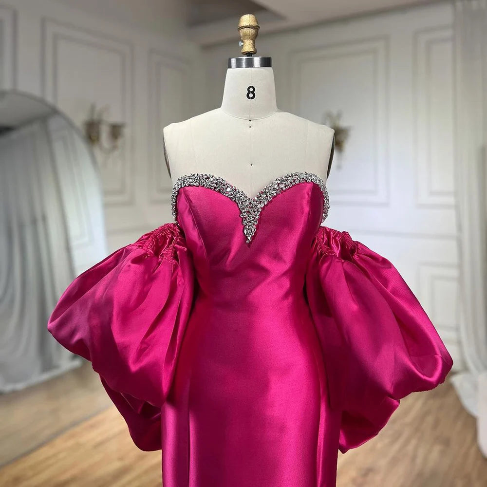 Serene Hill Fuchsia Mermaid Mikado Satin Balloon Sleeevs Evening Dresses Gowns For Women Wedding Party 2025 LA71923 - SERENE HILL