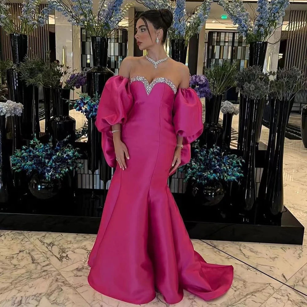 Serene Hill Fuchsia Mermaid Mikado Satin Balloon Sleeevs Evening Dresses Gowns For Women Wedding Party 2025 LA71923 - SERENE HILL