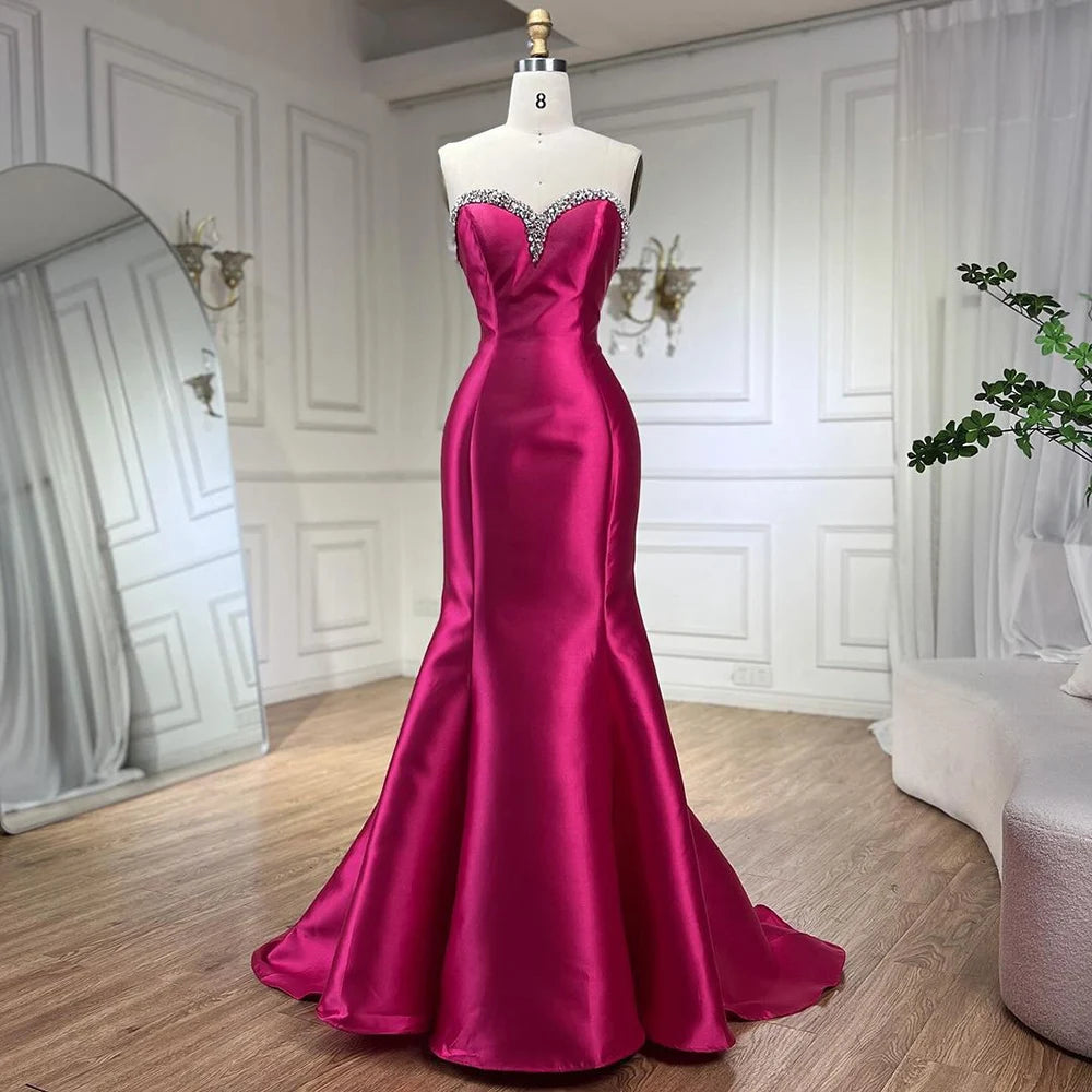 Serene Hill Fuchsia Mermaid Mikado Satin Balloon Sleeevs Evening Dresses Gowns For Women Wedding Party 2025 LA71923