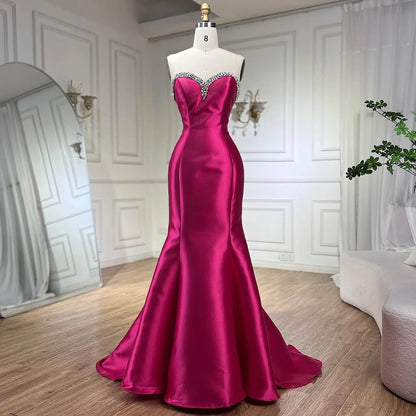 Serene Hill Fuchsia Mermaid Mikado Satin Balloon Sleeevs Evening Dresses Gowns For Women Wedding Party 2025 LA71923 - SERENE HILL