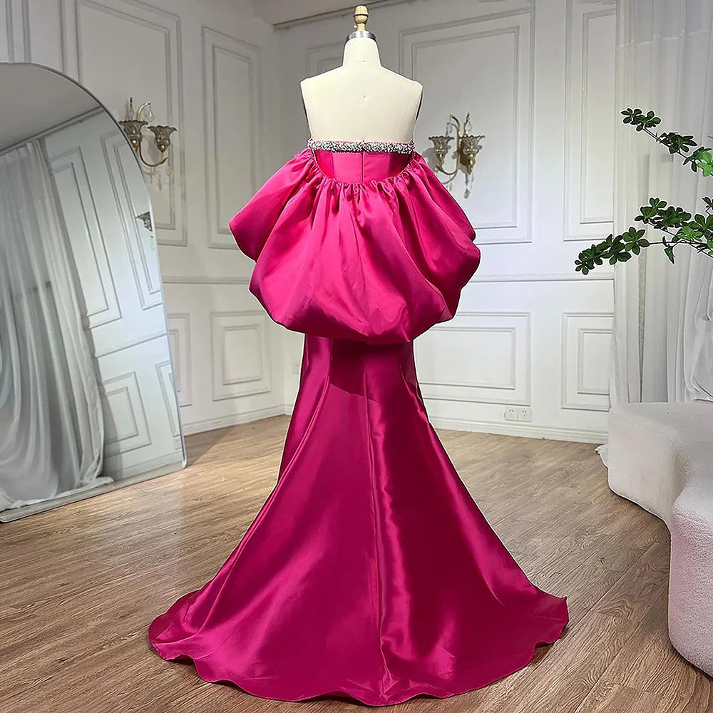 Serene Hill Fuchsia Mermaid Mikado Satin Balloon Sleeevs Evening Dresses Gowns For Women Wedding Party 2025 LA71923 - SERENE HILL