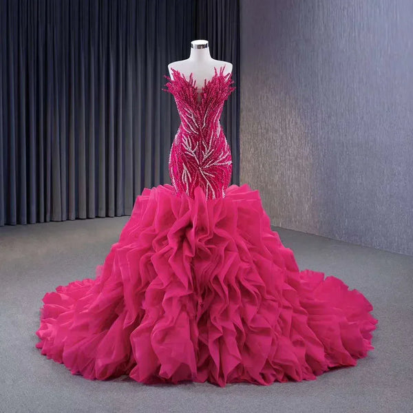 Fuchsia Lace Up Pearls Beaded Luxury Mermaid Bride Wedding Dress HM231040