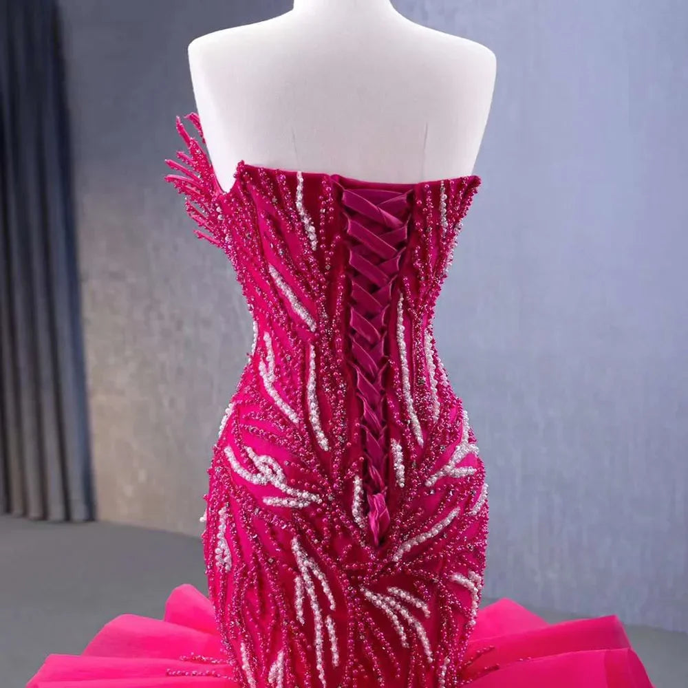 Fuchsia Lace Up Pearls Beaded Luxury Mermaid Bride Wedding Dress HM231040 - SERENE HILL
