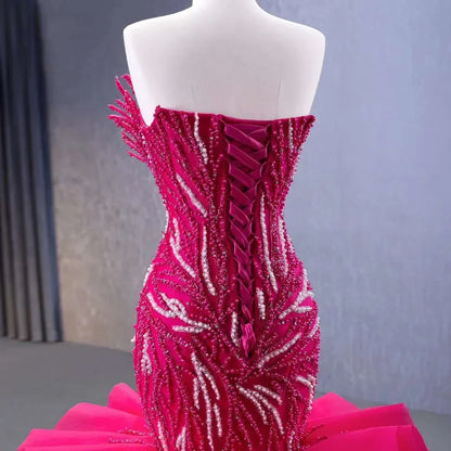 Fuchsia Lace Up Pearls Beaded Luxury Mermaid Bride Wedding Dress HM231040 - SERENE HILL