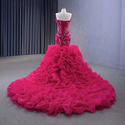 Fuchsia Lace Up Pearls Beaded Luxury Mermaid Bride Wedding Dress HM231040 - SERENE HILL
