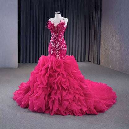 Fuchsia Lace Up Pearls Beaded Luxury Mermaid Bride Wedding Dress HM231040 - SERENE HILL