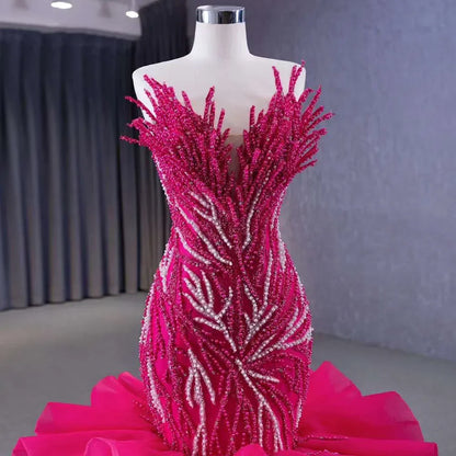 Fuchsia Lace Up Pearls Beaded Luxury Mermaid Bride Wedding Dress HM231040 - SERENE HILL