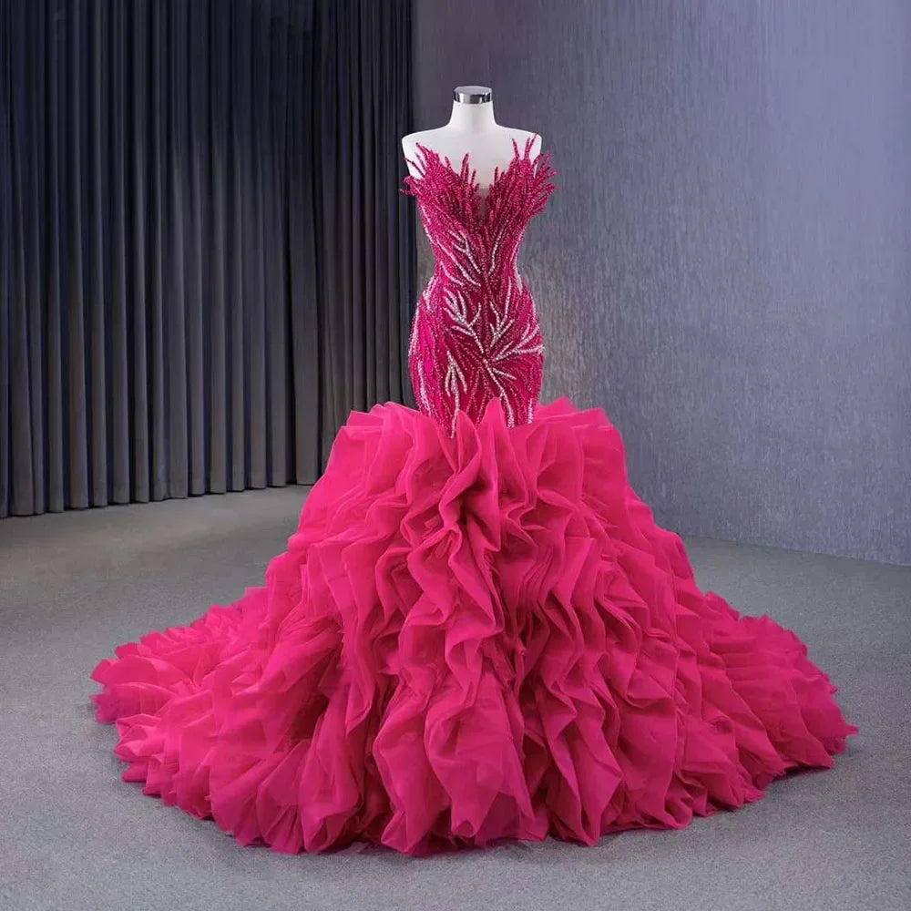 Fuchsia Lace Up Pearls Beaded Luxury Mermaid Bride Wedding Dress HM231040 - SERENE HILL