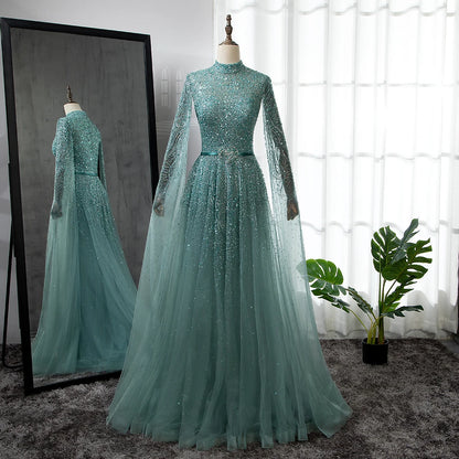 Luxury Blue A-Line High Neck Beaded Evening Dress with Cape Sleeves LA70066B - SERENE HILL