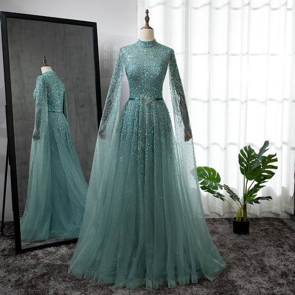Serene Hill Gold A-Line Cape Sleeves High Neck Luxury Beaded Evening Dresses Gowns  For Woman Party Plus Size LA70066B