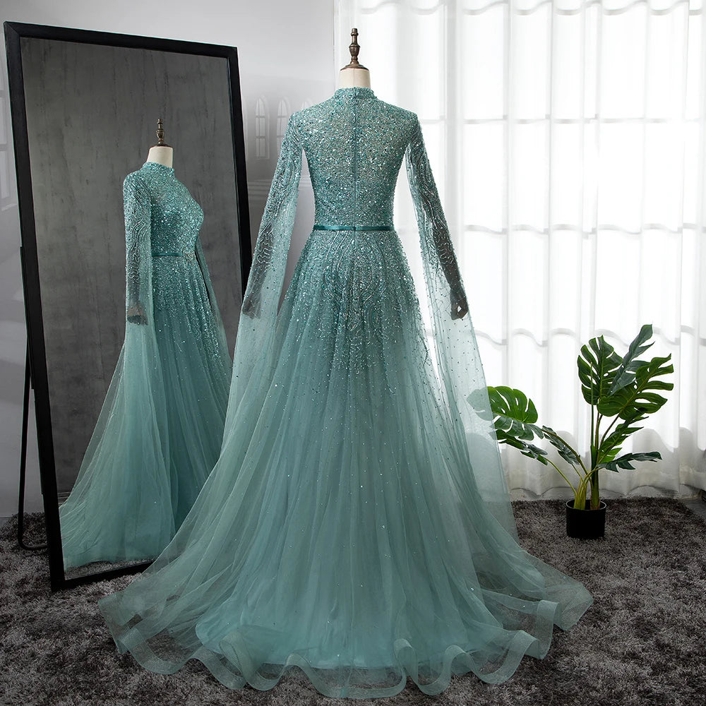 Luxury Blue A-Line High Neck Beaded Evening Dress with Cape Sleeves LA70066B - SERENE HILL