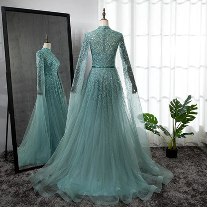 Luxury Blue A-Line High Neck Beaded Evening Dress with Cape Sleeves LA70066B - SERENE HILL