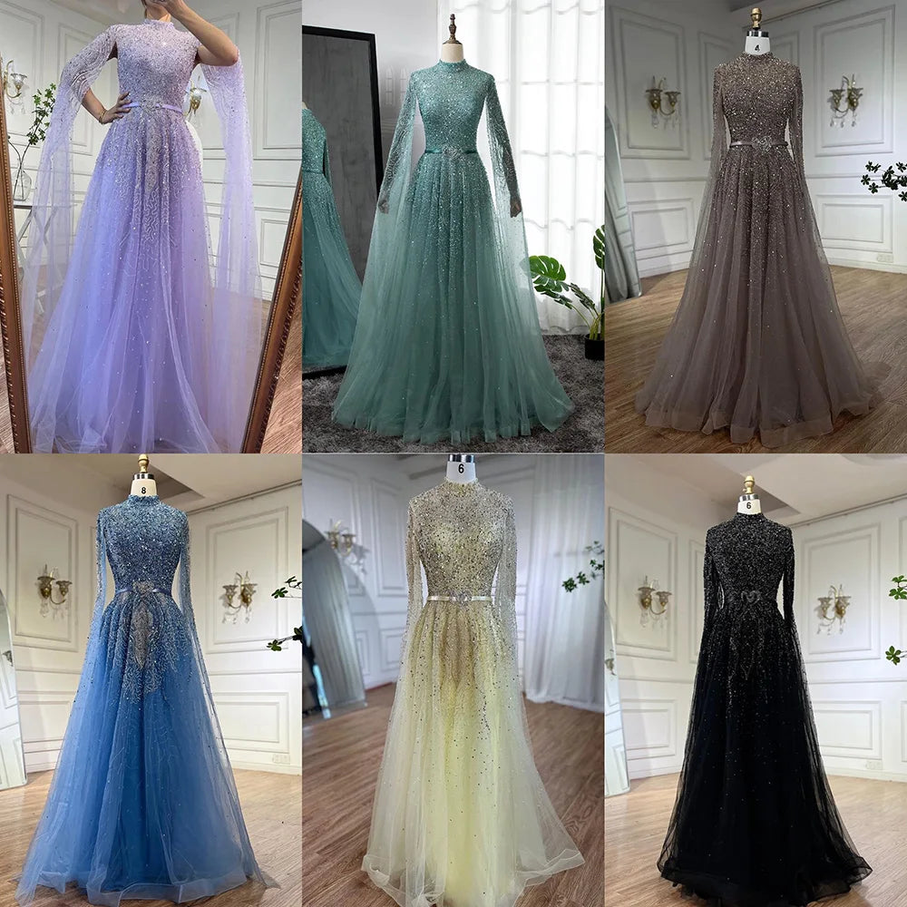 Luxury Blue A-Line High Neck Beaded Evening Dress with Cape Sleeves LA70066B - SERENE HILL