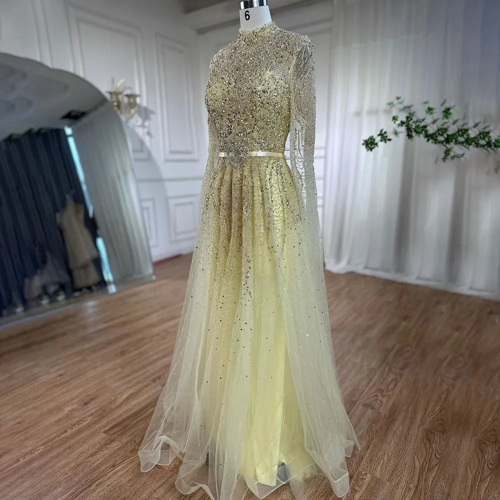 Luxury Blue A-Line High Neck Beaded Evening Dress with Cape Sleeves LA70066B - SERENE HILL