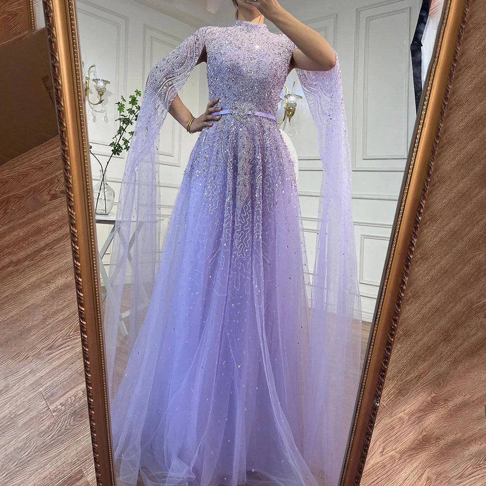 Luxury Blue A-Line High Neck Beaded Evening Dress with Cape Sleeves LA70066B - SERENE HILL