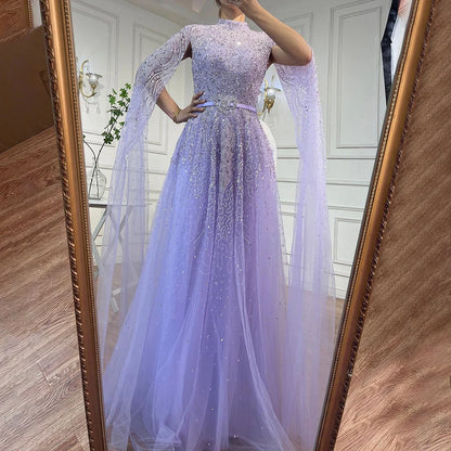 Luxury Blue A-Line High Neck Beaded Evening Dress with Cape Sleeves LA70066B - SERENE HILL