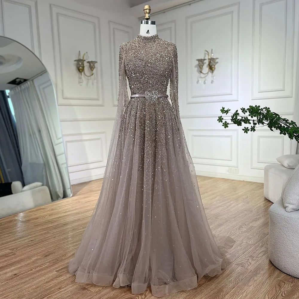Luxury Blue A-Line High Neck Beaded Evening Dress with Cape Sleeves LA70066B - SERENE HILL
