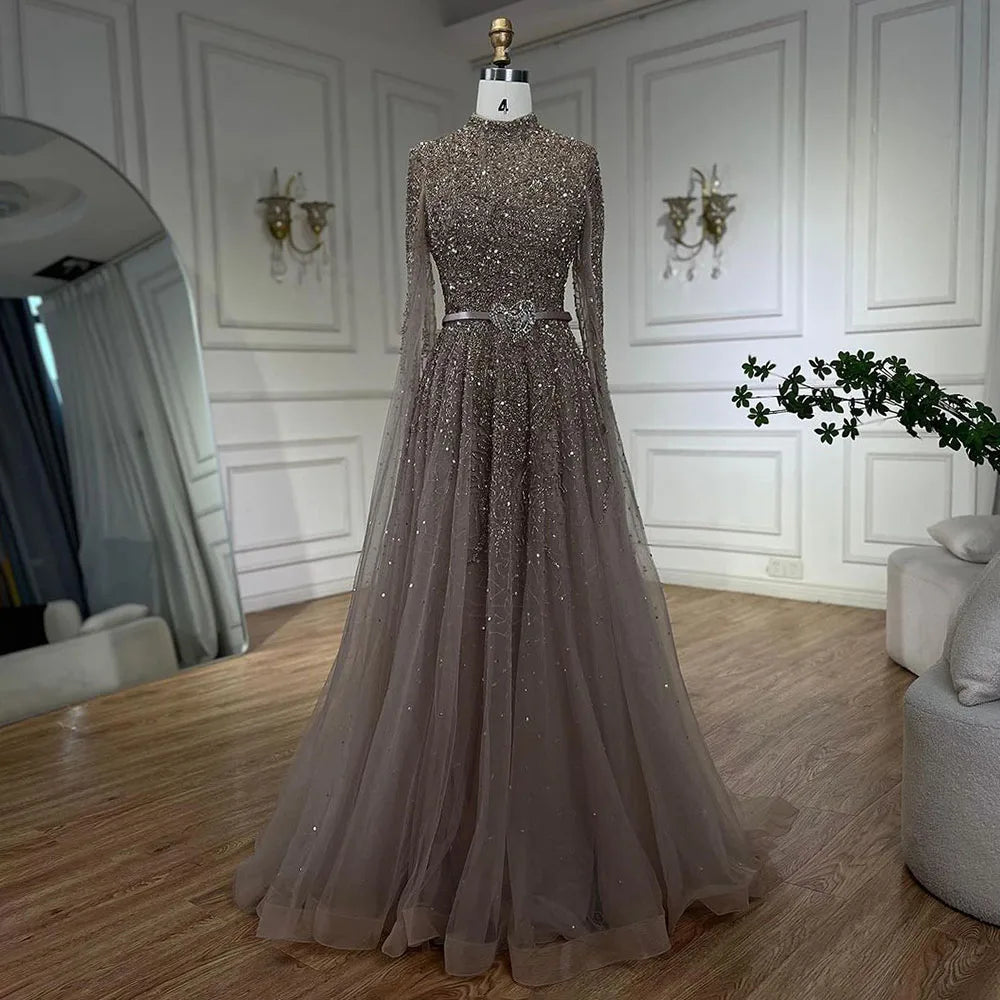 Luxury Blue A-Line High Neck Beaded Evening Dress with Cape Sleeves LA70066B - SERENE HILL