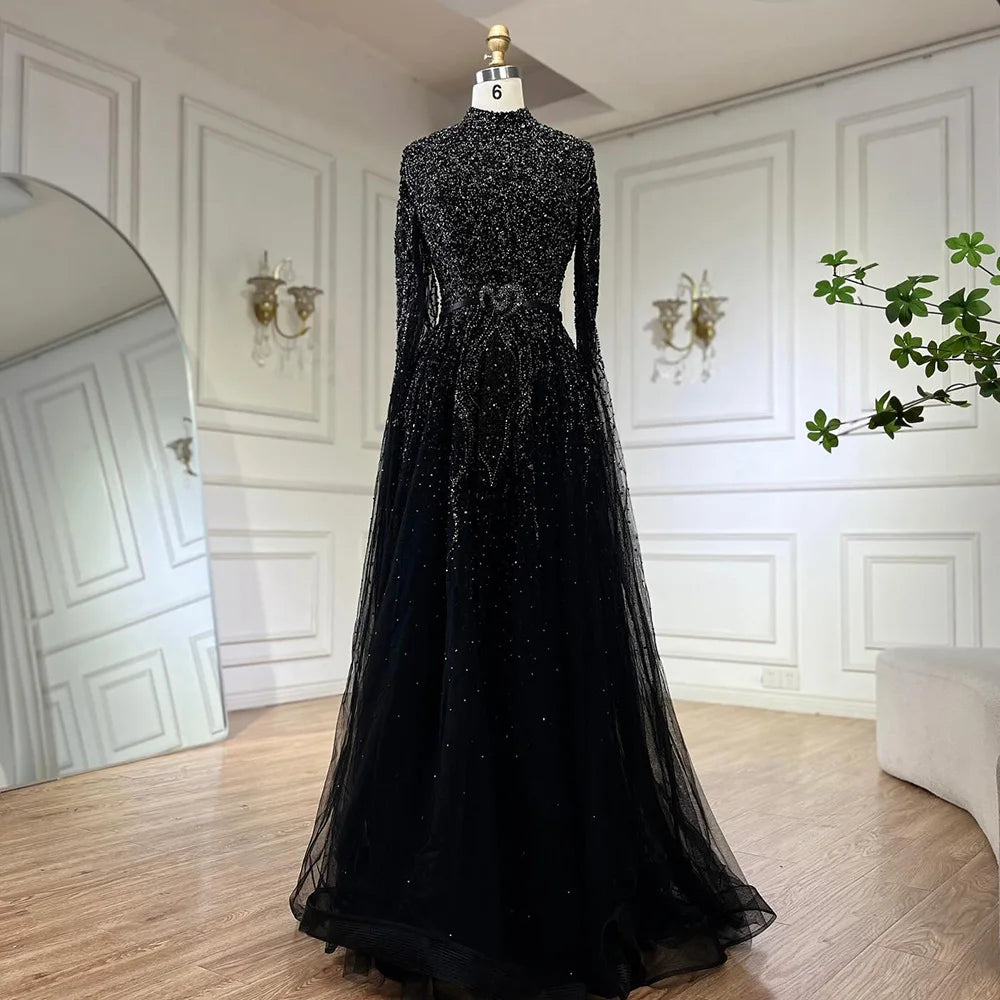 Luxury Blue A-Line High Neck Beaded Evening Dress with Cape Sleeves LA70066B - SERENE HILL