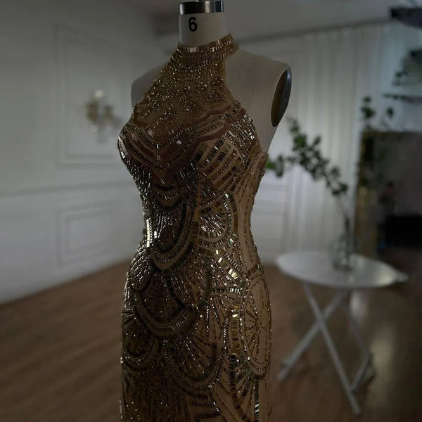 Serene Hill Gold Halter Mermaid Sparkle Evening Dresses Gowns 2025 Sequined Beaded Sleeveless For Women Wedding Party LA6461