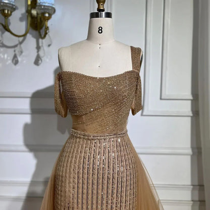 Serene Hill Gold Mermaid Elegant One Shoulder Overskirt Beaded Luxury Evening Dresses Gowns 2025 For Women Wedding Party LA72453 - SERENE HILL