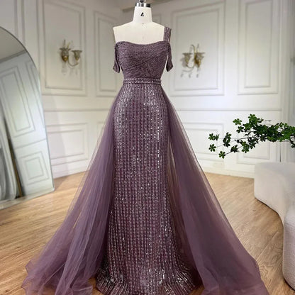 Serene Hill Gold Mermaid Elegant One Shoulder Overskirt Beaded Luxury Evening Dresses Gowns 2025 For Women Wedding Party LA72453 - SERENE HILL