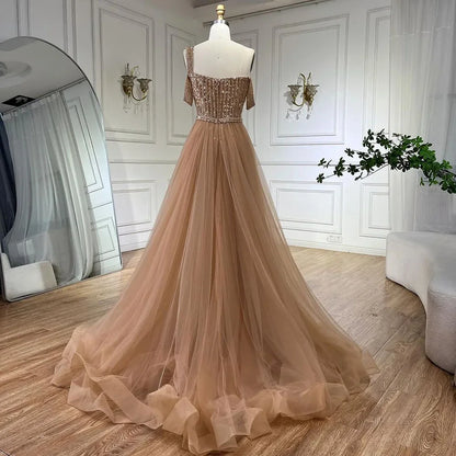 Serene Hill Gold Mermaid Elegant One Shoulder Overskirt Beaded Luxury Evening Dresses Gowns 2025 For Women Wedding Party LA72453 - SERENE HILL