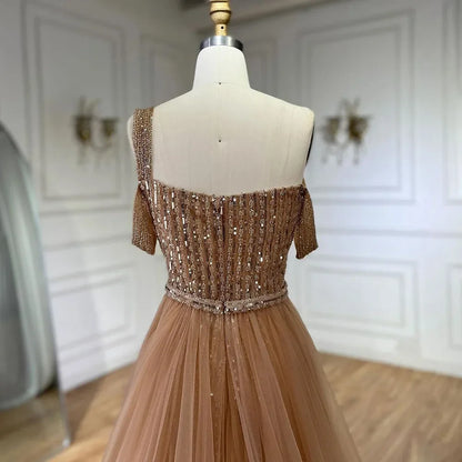 Serene Hill Gold Mermaid Elegant One Shoulder Overskirt Beaded Luxury Evening Dresses Gowns 2025 For Women Wedding Party LA72453 - SERENE HILL
