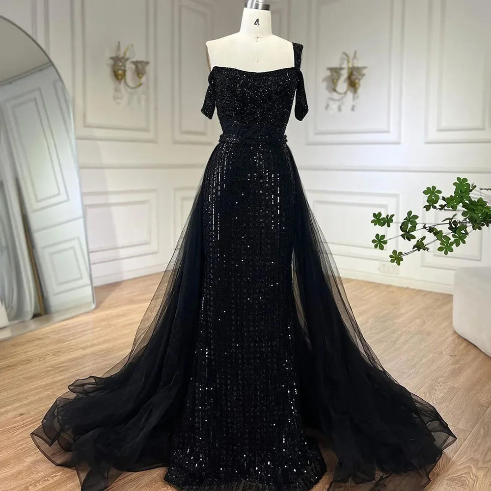 Serene Hill Gold Mermaid Elegant One Shoulder Overskirt Beaded Luxury Evening Dresses Gowns 2025 For Women Wedding Party LA72453 - SERENE HILL