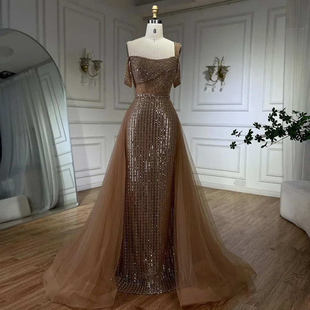 Serene Hill Gold Mermaid Elegant One Shoulder Overskirt Beaded Luxury Evening Dresses Gowns 2025 For Women Wedding Party LA72453 - SERENE HILL