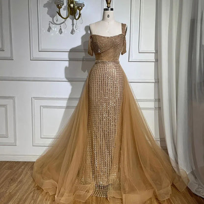 Serene Hill Gold Mermaid Elegant One Shoulder Overskirt Beaded Luxury Evening Dresses Gowns 2025 For Women Wedding Party LA72453 - SERENE HILL