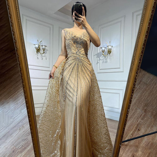 Serene Hill Gold O-neck Long Sleeves Mermaid Beaded Overskirt Evening Dresses Formal Party Gowns For Women 2025 LA72087